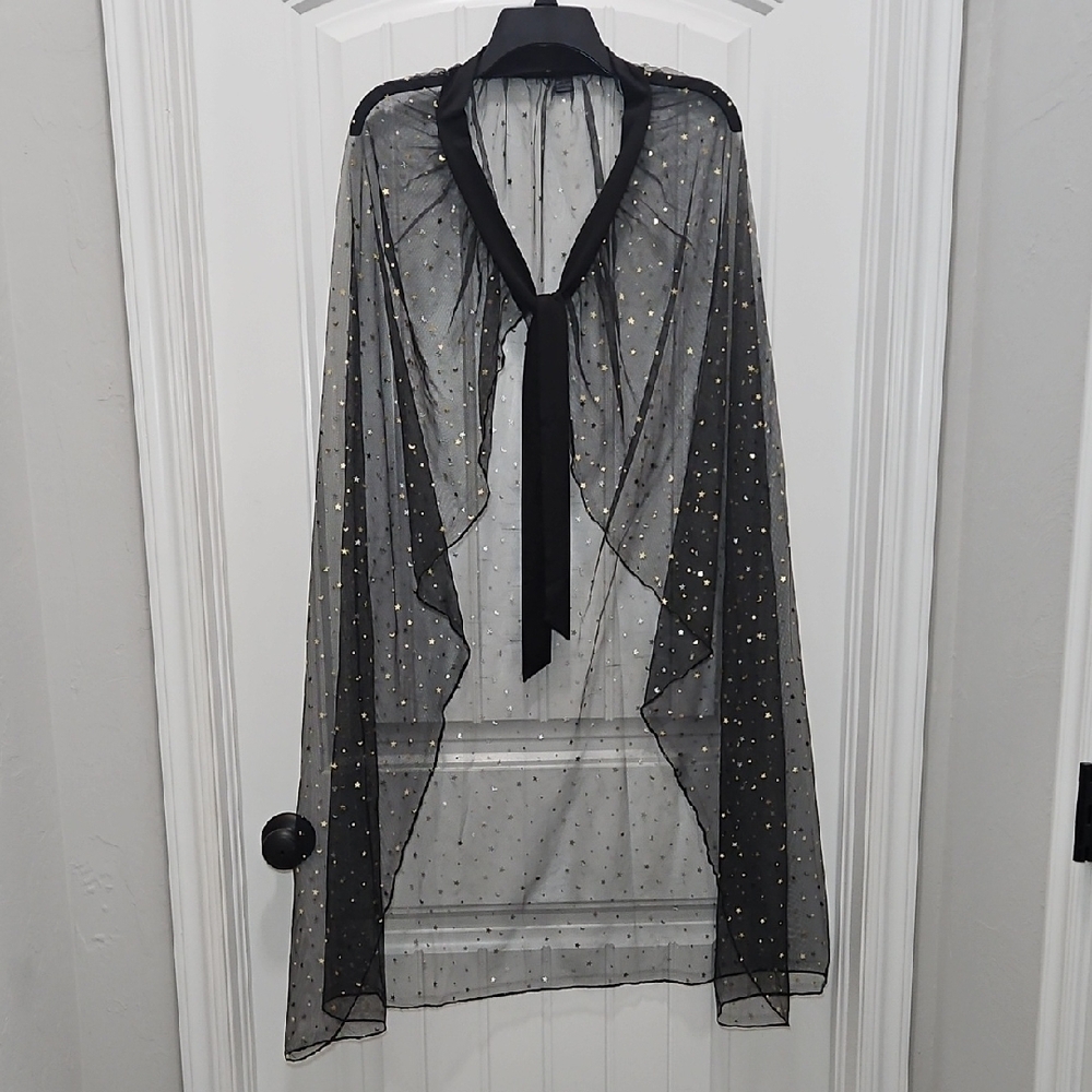 Sheer Black Cape with Gold Star And Moon Accents Celestial Tipsy Elves Costume